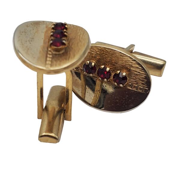 Retro Red Crystal Oval Cufflinks Gold Tone MCM Brushed Polished Metal Jewelry - Picture 9 of 9